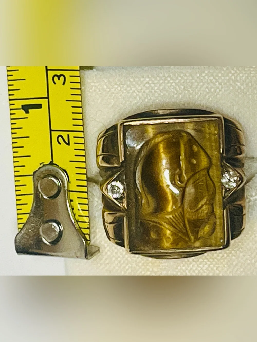 Men’s 10k Gold Tigers Eye Ring Flanked by Round Diamonds | Cameo Ring | Size 13